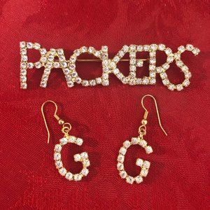 Green Bay Packers Rhinestone Brooch & Earring Set
